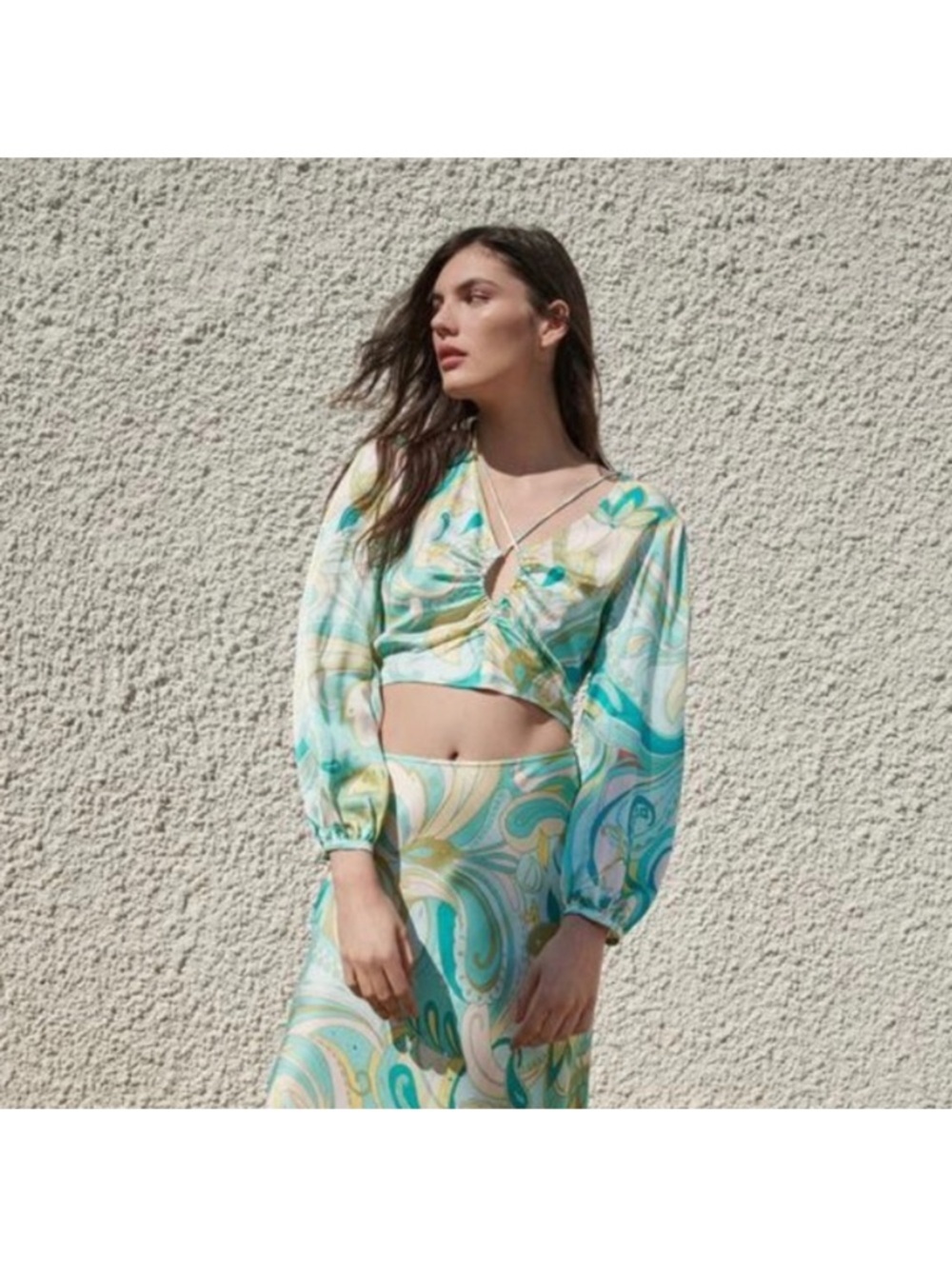 ZARA Crop Wrap Top in Aqua Swirl Print SIZE XS NWT
